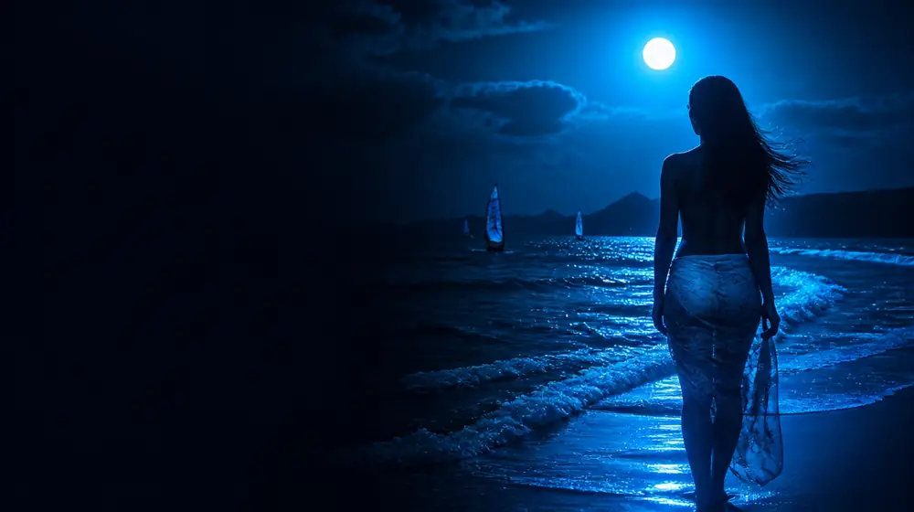Kahului OnlyFans creators — woman in a sarong on a moonlit beach with glowing surf, windsurf sails crossing the moonlit bay