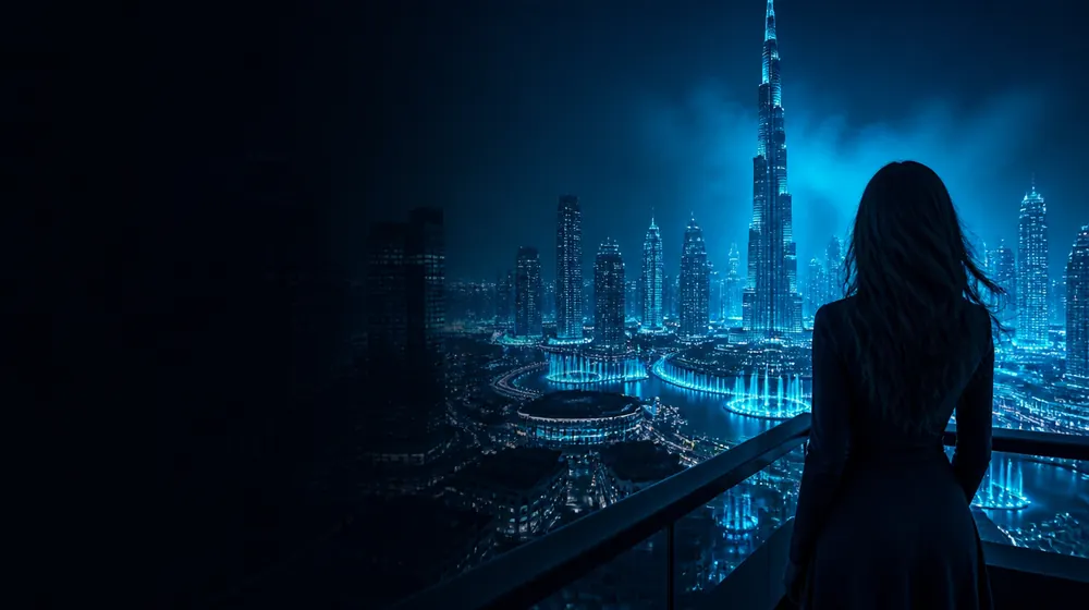 Kansas City Metro OnlyFans creators — woman on a rooftop overlooking a glowing skyline, fountain plazas glowing beneath the towers