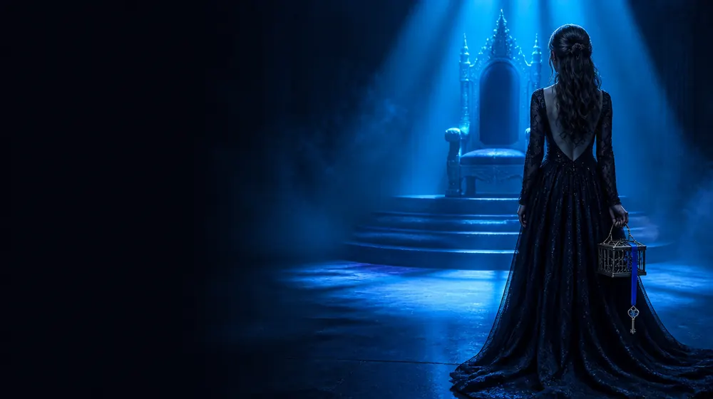 Keyholder OnlyFans creators — woman in a black gown before a throne in blue light, a small cage box with its key on a ribbon