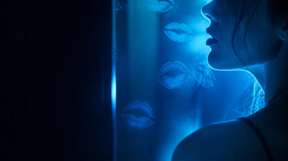 Kissing OnlyFans creators — profile of parted lips in blue rim light, lipstick kiss marks on the mirror