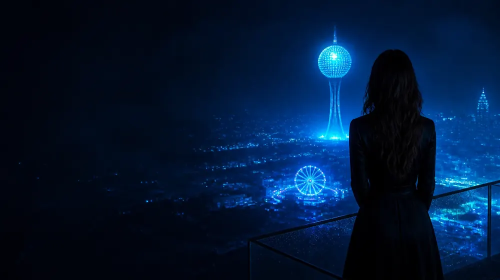 Knoxville OnlyFans creators — woman on a rooftop overlooking a glowing skyline, a golden sphere tower above the fairground park