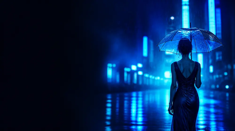 Korean OnlyFans creators — woman with an umbrella on a rainy neon-lit street