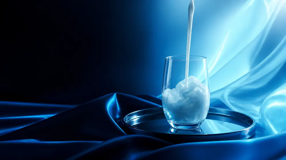 Lactation OnlyFans creators — silk fabric rippling in cool blue light, milk swirling into a glass on the tray