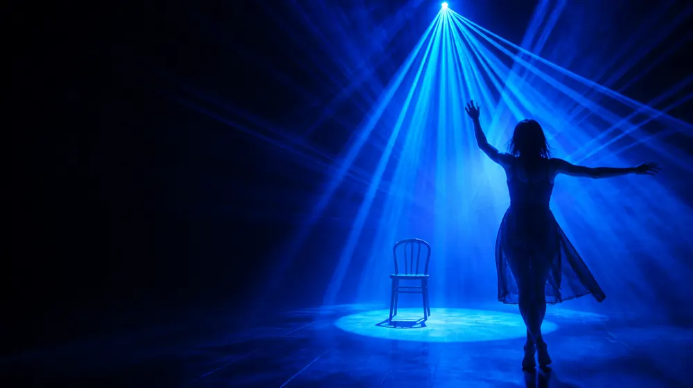 Lap Dance OnlyFans creators — woman dancing under sweeping laser beams, a single chair centered under the spotlight
