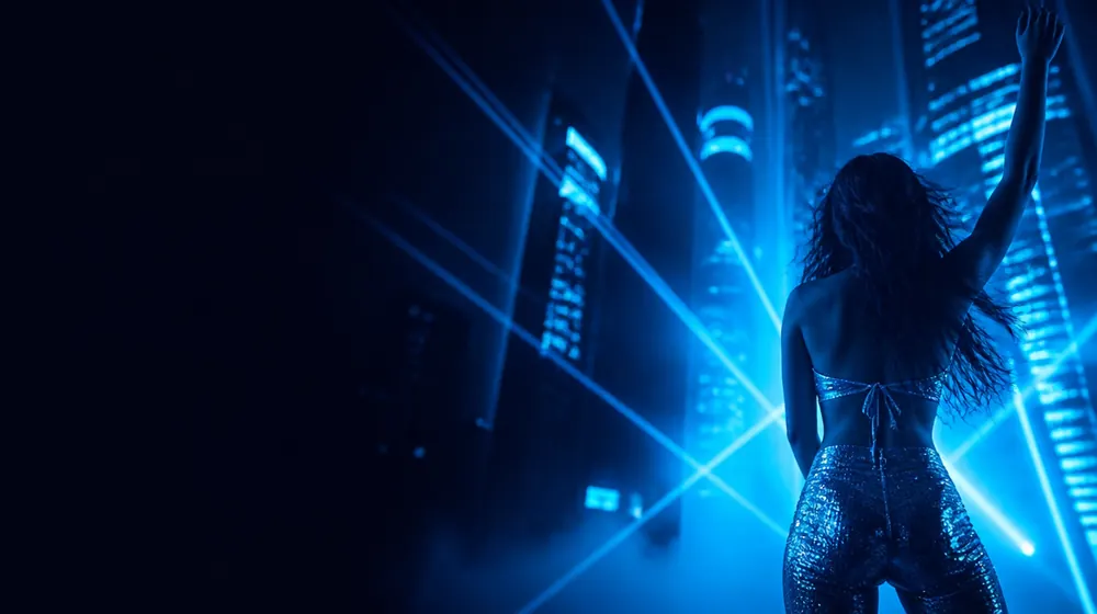 Las Vegas Strip OnlyFans creators — woman dancing under sweeping laser beams, a canyon of glowing casino towers and neon signs