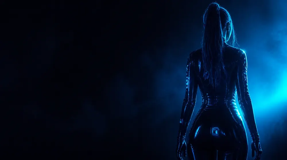 Latex OnlyFans creators — woman in a glossy catsuit traced by neon light