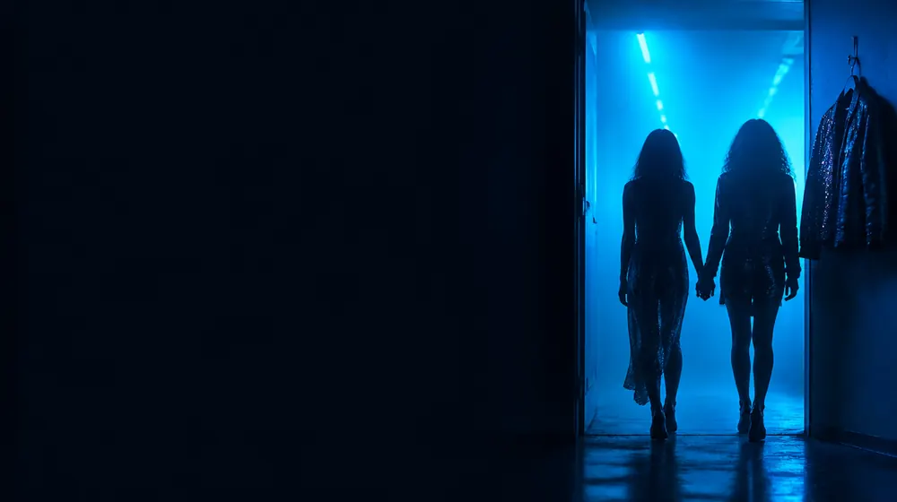 Lesbians On OnlyFans creators — two women holding hands walking into neon light, two jackets hung on one hook by the door