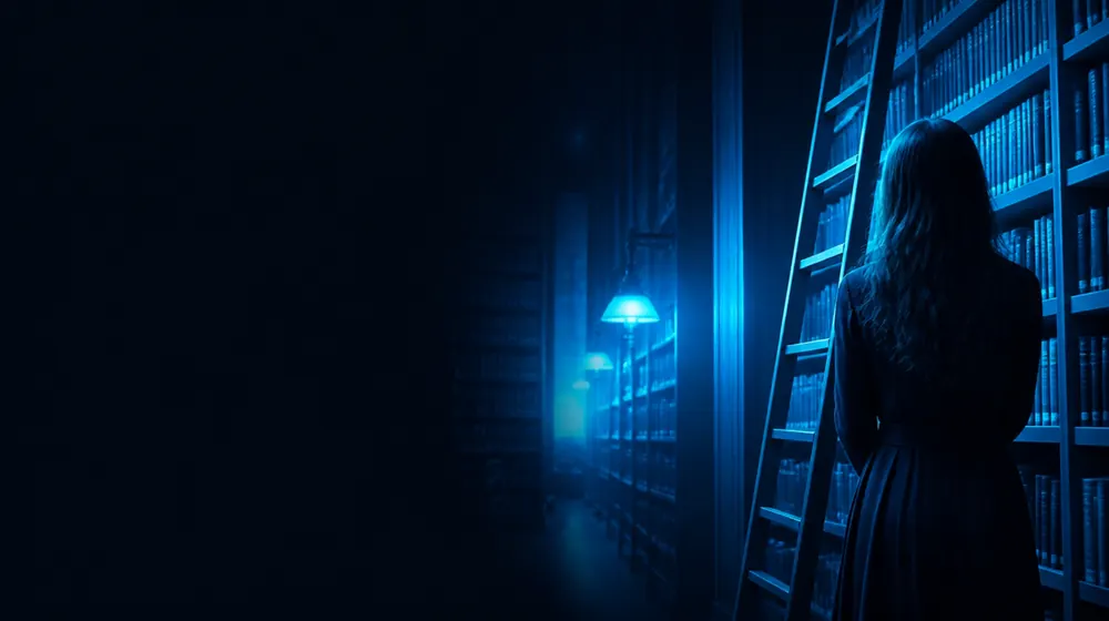 Librarian OnlyFans creators — woman between tall library shelves in cool lamplight, a rolling ladder against the tall stacks