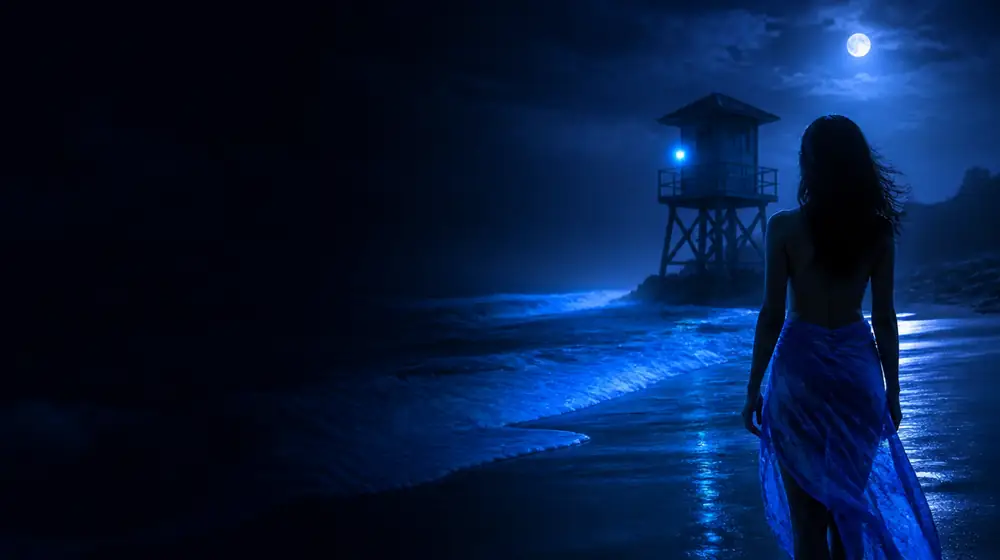 Lifeguard OnlyFans creators — woman in a sarong on a moonlit beach with glowing surf, a lifeguard tower overlooking the dark surf