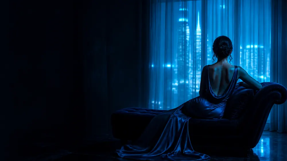 Lightskin OnlyFans creators — woman in a silk slip dress reclining on a chaise longue, sheer curtains diffusing the city light