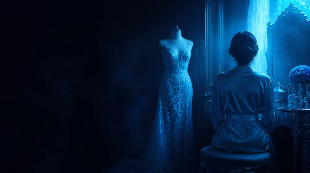 Lingerie Model OnlyFans creators — woman in a silk robe at an elegant dressing table, a lace teddy displayed on the dress form