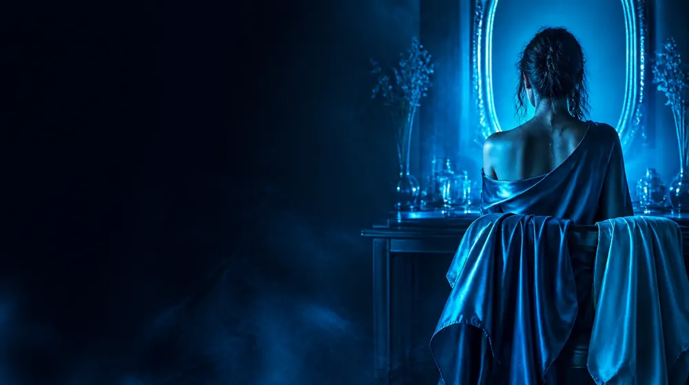 Lingerie OnlyFans creators — woman in a silk robe at an elegant dressing table, silk robes layered over the vanity chair