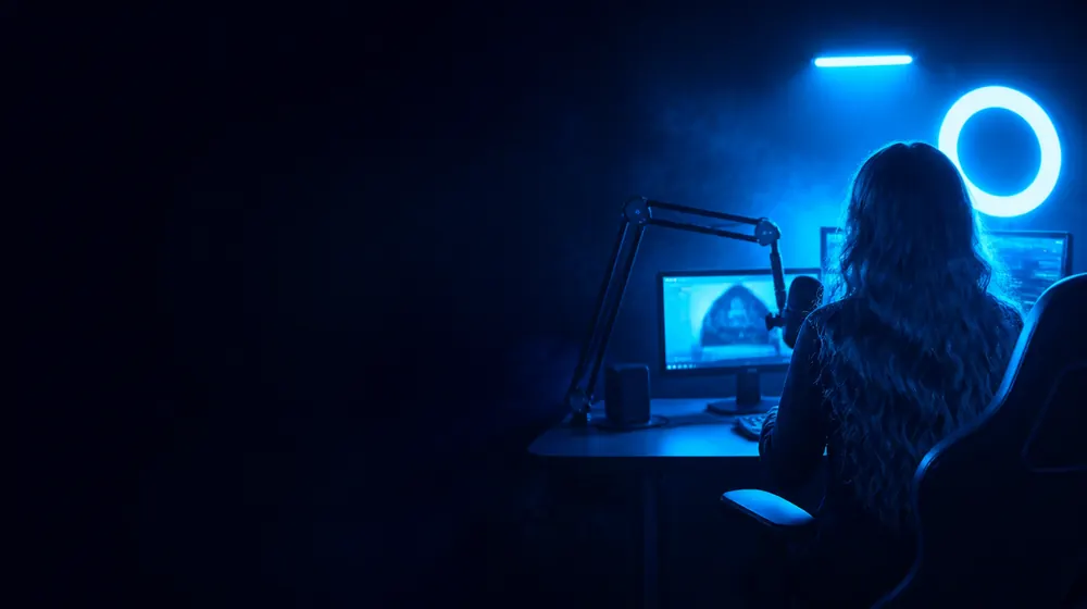 Live Stream OnlyFans creators — creator filming with a glowing ring light and phone tripod, an on-air lamp glowing over the desk