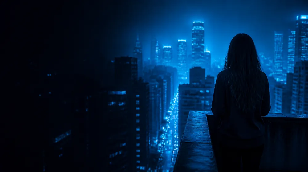 Local Girls OnlyFans creators — woman on a rooftop overlooking a glowing skyline, a street of glowing windows close to home