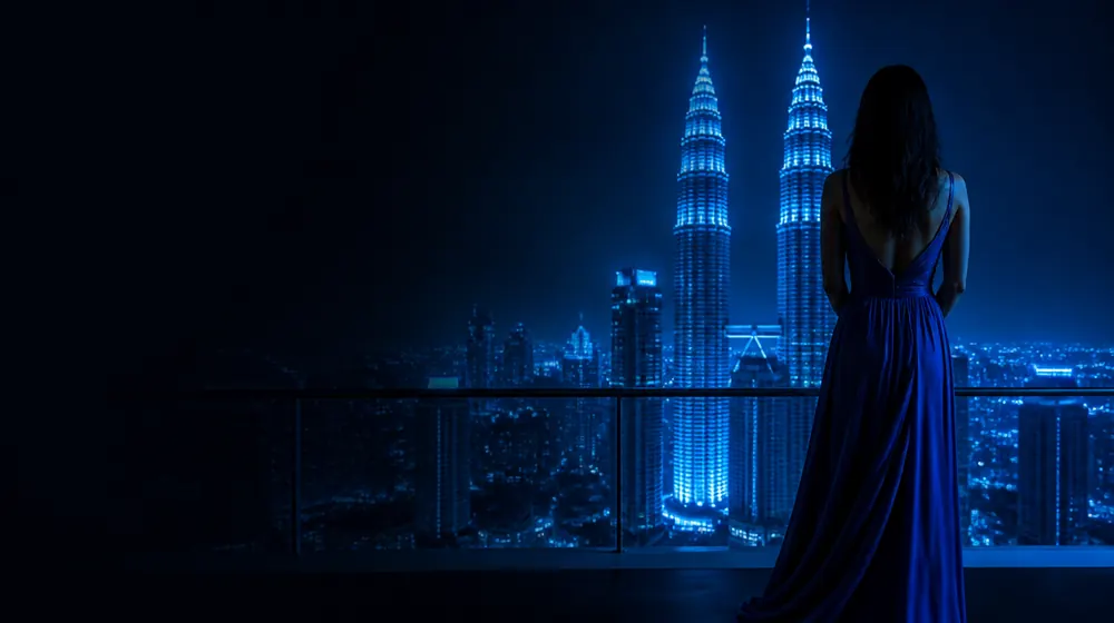 Malaysian OnlyFans creators — woman overlooking glowing twin towers at night