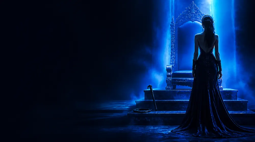 Master Slave OnlyFans creators — woman in a black gown before a throne in blue light, a leash coiled beside the throne step