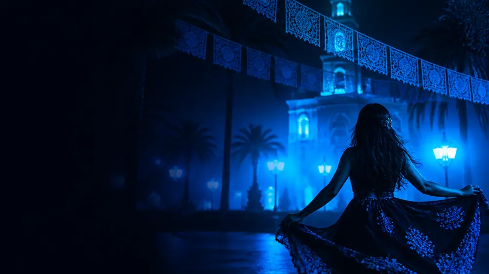 Mexican OnlyFans creators — woman dancing under palm silhouettes and city lights, papel picado banners strung over the plaza