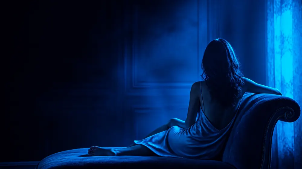 Midgets On OnlyFans creators — woman in a silk slip dress reclining on a chaise longue, a petite silhouette on the grand chaise