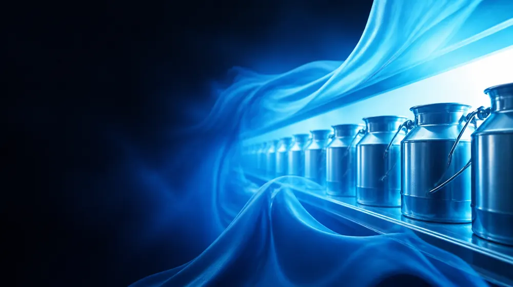 Milking OnlyFans creators — silk fabric rippling in cool blue light, steel pails lined on the dairy shelf