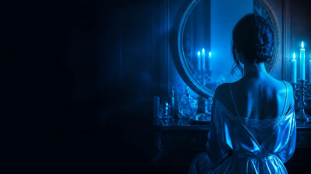 Mirror OnlyFans creators — woman in a silk robe at an elegant dressing table, an oval mirror doubling the candlelit room