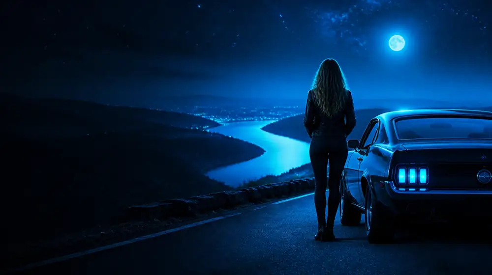 Mississippi OnlyFans creators — woman beside a classic muscle car on a starlit highway, a wide river bend glinting in the moonlight