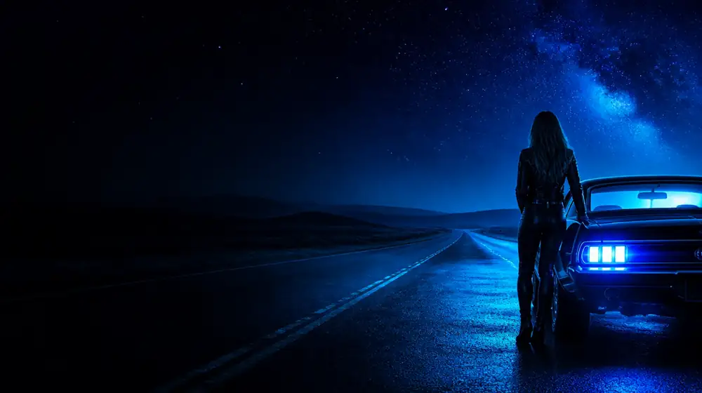 Missouri OnlyFans creators — woman beside a classic muscle car on a starlit highway, rolling plains under a vast starry sky