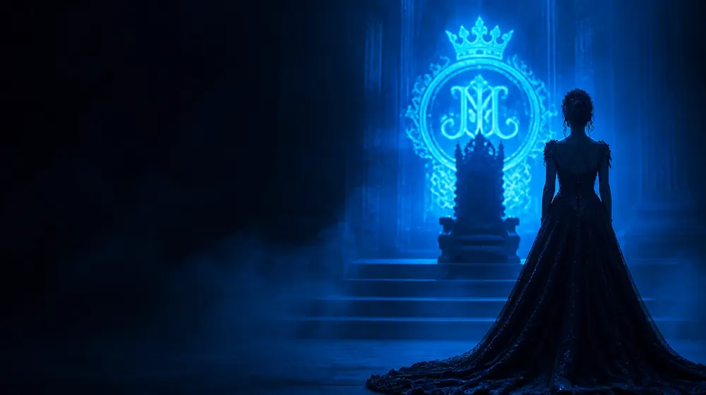 Mistress OnlyFans creators — woman in a black gown before a throne in blue light, a crowned monogram glowing behind the throne
