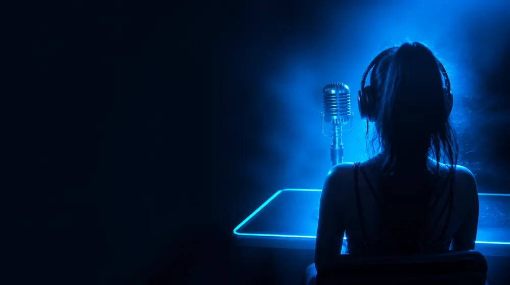 Moaning OnlyFans creators — woman with headphones at a glowing microphone desk, a vintage microphone catching her breath