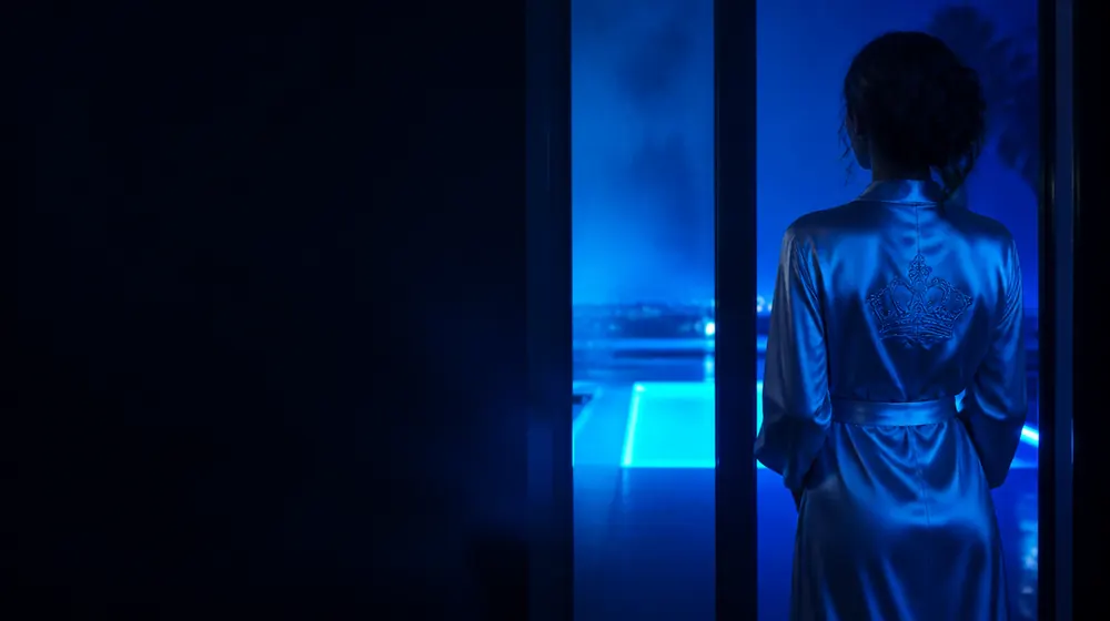 Mommy OnlyFans creators — elegant woman in the doorway of a modern home at night, a silk robe monogrammed with a crown