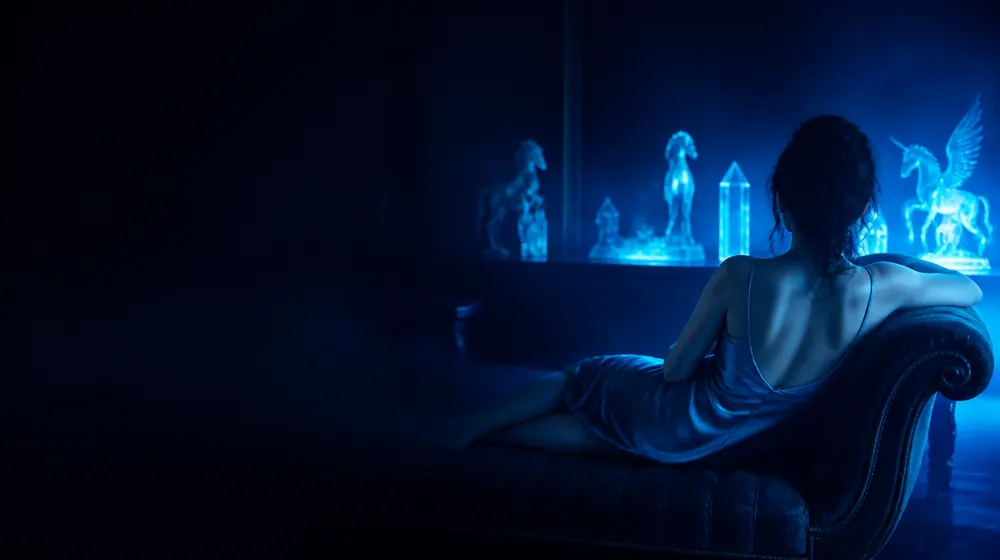 Monster Dildo OnlyFans creators — woman in a silk slip dress reclining on a chaise longue, fantasy sculptures glowing on the shelf