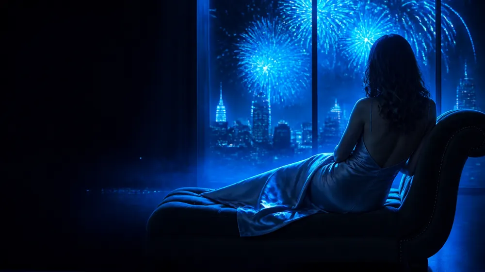 Multiple Orgasms OnlyFans creators — woman in a silk slip dress reclining on a chaise longue, fireworks bursting over the skyline window