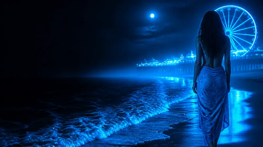 Creator OnlyFans Myrtle Beach — donna in sarong su una spiaggia illuminata dalla luna con onde luminose, una gigantesca ruota panoramica luminosa sopra il lungomare