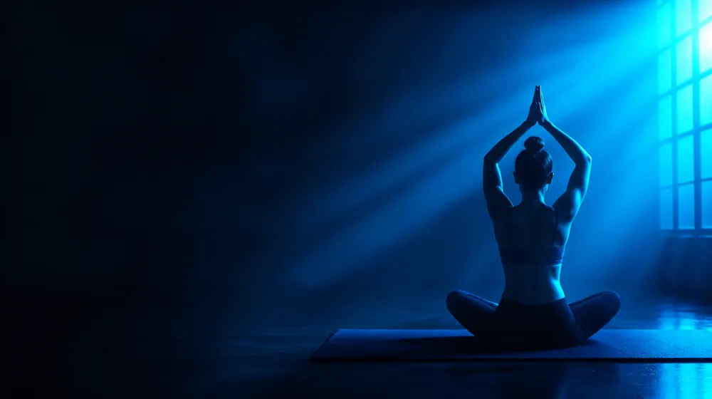 Naked Yoga OnlyFans creators — woman in a yoga pose crossed by soft light beams, a single mat in an empty moonlit studio