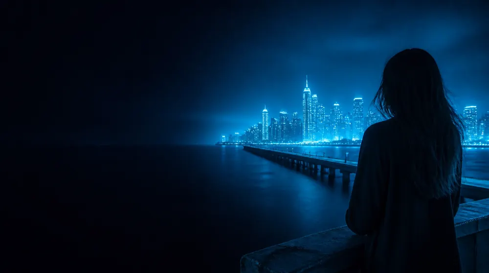 Naples OnlyFans creators — woman on a rooftop overlooking a glowing skyline, a long wooden pier stretching into the gulf