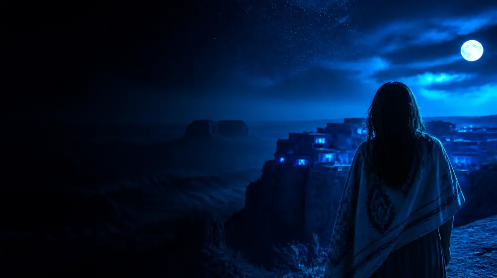 Native American OnlyFans creators — woman before moonlit desert mesas under a starry sky, a cliff pueblo village under the stars