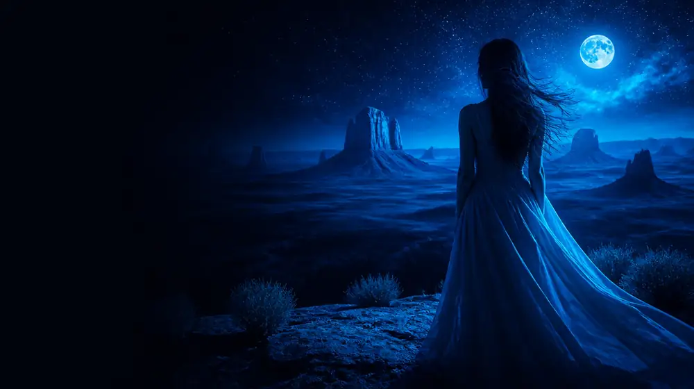 Navajo OnlyFans creators — woman before moonlit desert mesas under a starry sky