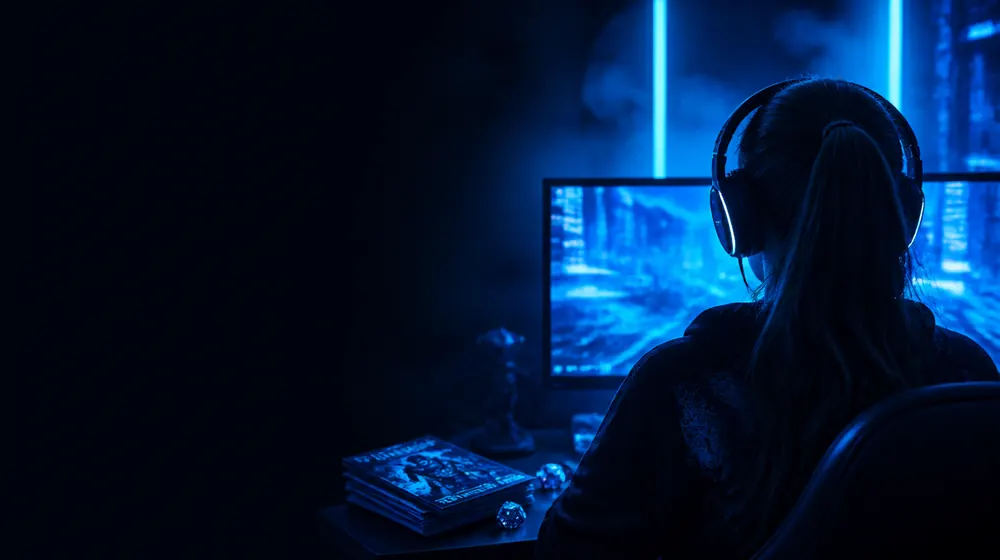 Nerdy OnlyFans creators — woman with a headset at a glowing battlestation, a stack of comics and dice on the desk