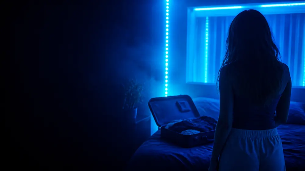 New Girls OnlyFans-creators — jonge vrouw in een slaapkamer omzoomd met ledverlichting, een uitgepakte, geopende koffer op het bed