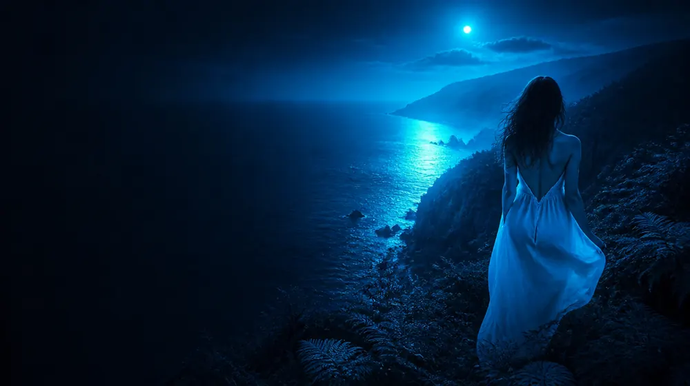 New Zealander OnlyFans creators — woman on dramatic sea cliffs under moonlight, a fern-lined ridge above the glowing bay