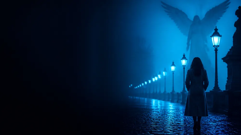Newcastle OnlyFans creators — woman in a long coat on a lantern-lit cobblestone street, a vast angel sculpture with outstretched wings