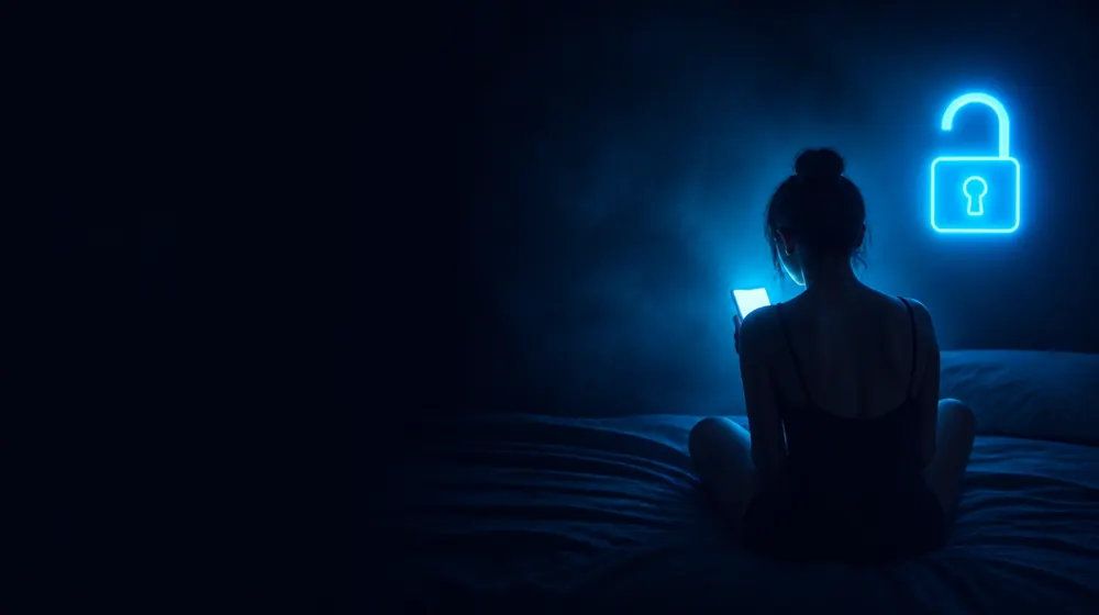 No PPV OnlyFans creators — woman on a bed lit by a smartphone glow, an unlocked padlock neon glowing softly