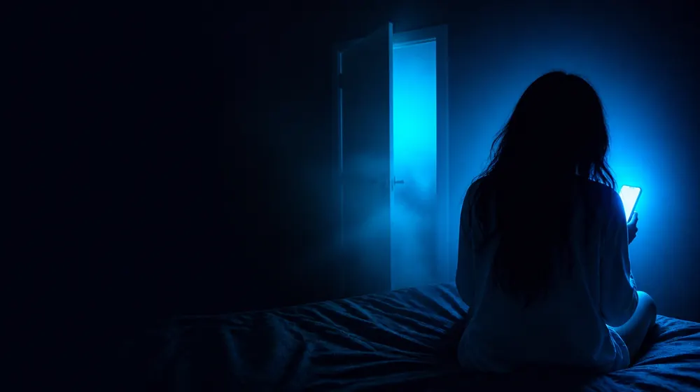 No Sign Up OnlyFans creators — woman on a bed lit by a smartphone glow, a door propped open with no keypad