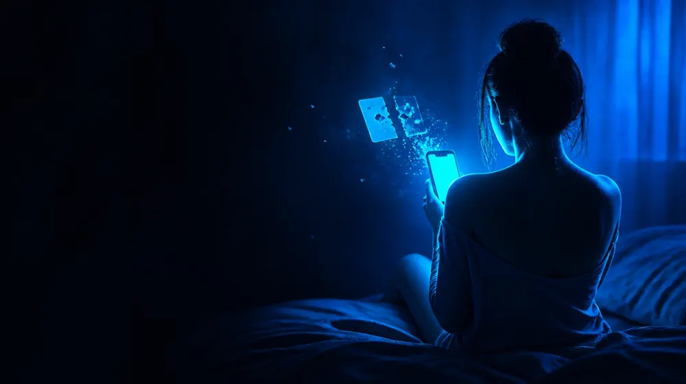 No Subscription OnlyFans creators — woman on a bed lit by a smartphone glow, a torn card floating off the phone screen