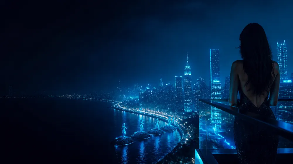 Norfolk OnlyFans creators — woman on a rooftop overlooking a glowing skyline, mermaid statues along the glowing waterfront