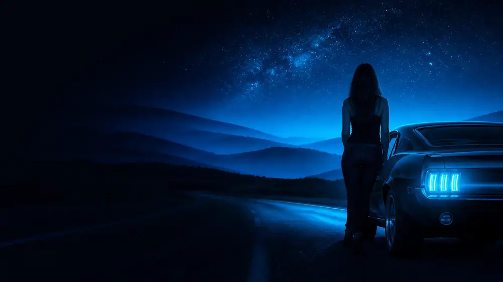 North Carolina OnlyFans creators — woman beside a classic muscle car on a starlit highway, blue ridge mountains layered on the horizon