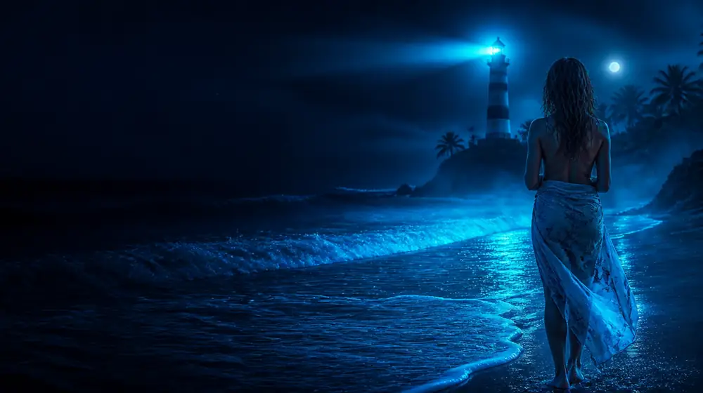 North Florida OnlyFans creators — woman in a sarong on a moonlit beach with glowing surf, an old striped lighthouse sweeping its beam