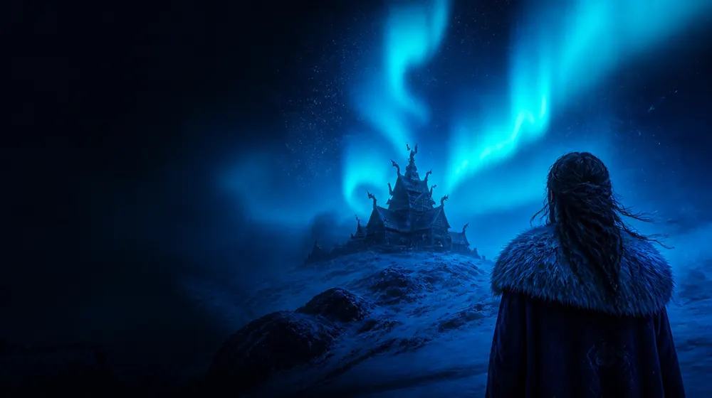 Norwegian OnlyFans creators — woman beneath aurora lights over a snowy ridge, a dragon-carved stave church under the lights