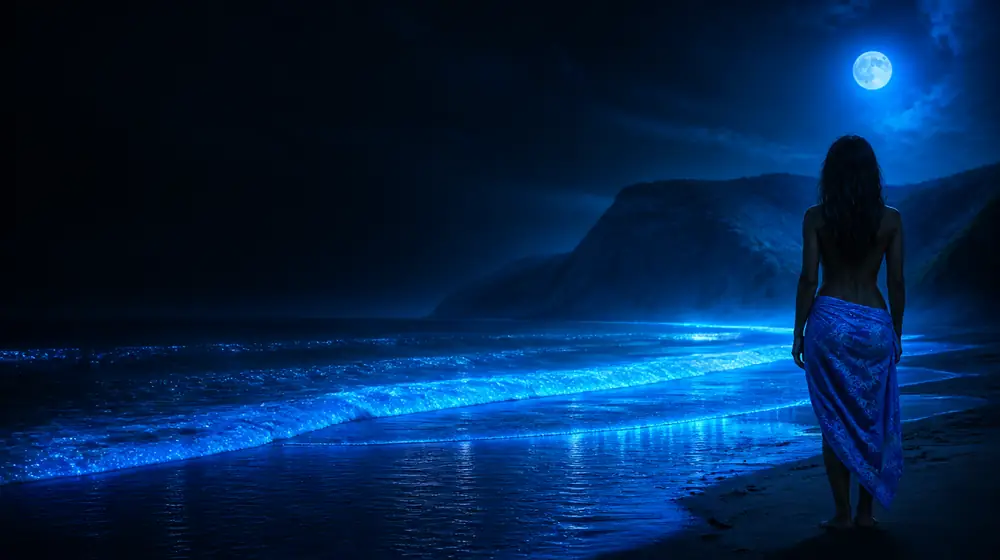 Oahu OnlyFans creators — woman in a sarong on a moonlit beach with glowing surf, the crater headland rising over the surf