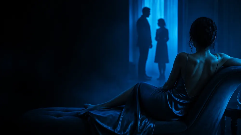Old Young OnlyFans creators — woman in a silk slip dress reclining on a chaise longue, two silhouettes of different height by the window