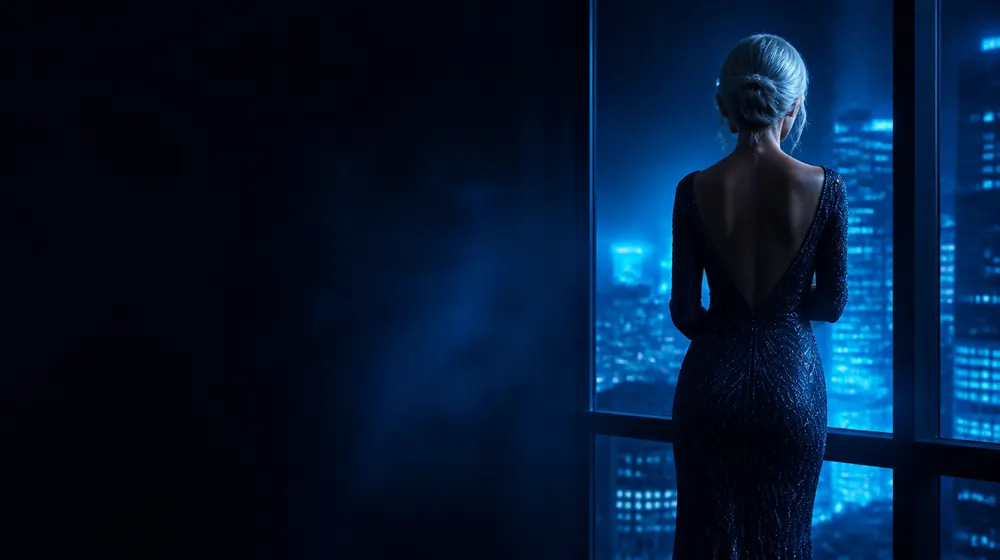 Older Women OnlyFans creators — silver-haired woman at a grand window with city lights
